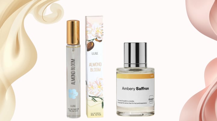 Banner de perfume minimalista en fondo blanco con Ambery Saffron y Lure Almond Bloom